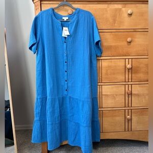 J.Jill NWT Cyan Blue Gauze Tiered Dropped Waist Dress Sz XL-Vacation Beach